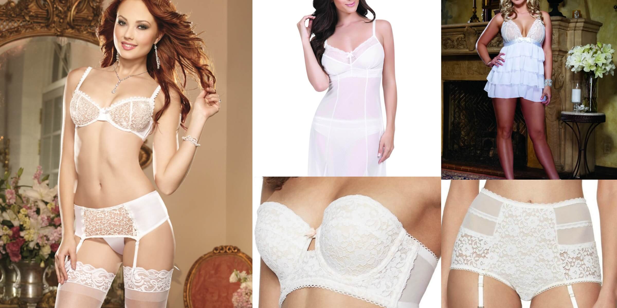 Far left: Beautiful Bride Bra Set by Dreamgirl Lingerie; Top Middle: Charlize Lace Chemise by Affinitas Intimates; Top Right: Bridal Bliss Ruffled Chiffon Babydoll and Thong Set in Plus Size by Dreamgirl; Bottom Middle: Fanciful Convertible Longline Strapless Bra by Blush Lingerie; Bottom Right: Fanciful Floral Lace Retro-Brief by Blush Lingerie